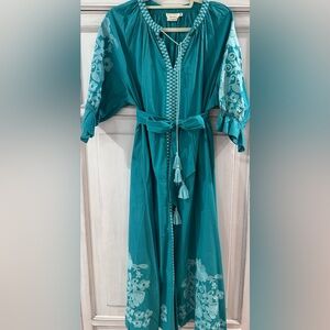 PRELOVED SZ XXL Julia Armory Teal Embroidered Caftan with Tassels and Belt